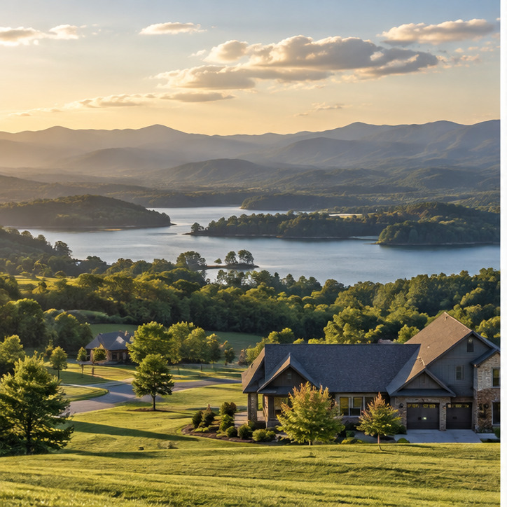 Homes and green hills overlooking Boone Lake and distant mountains at sunset