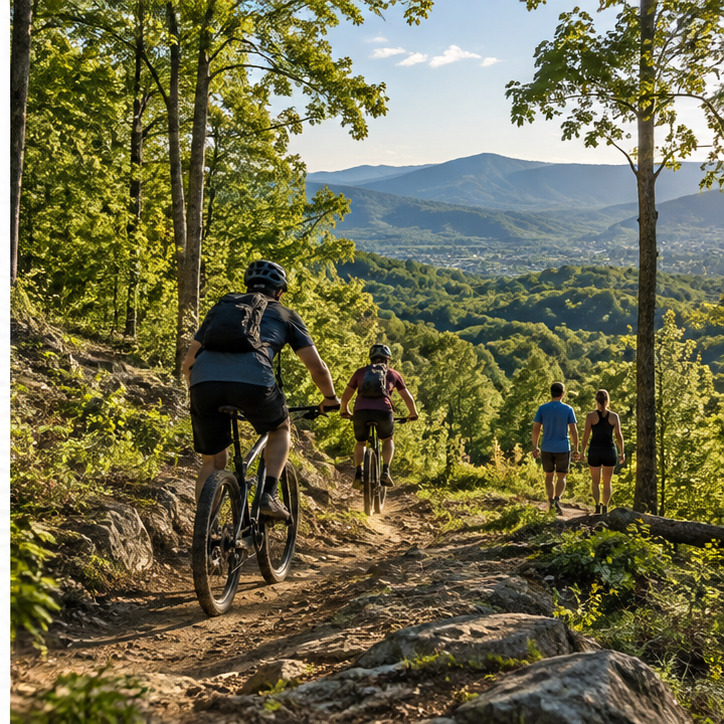 Cyclists and walkers on a wooded trail overlooking the mountains