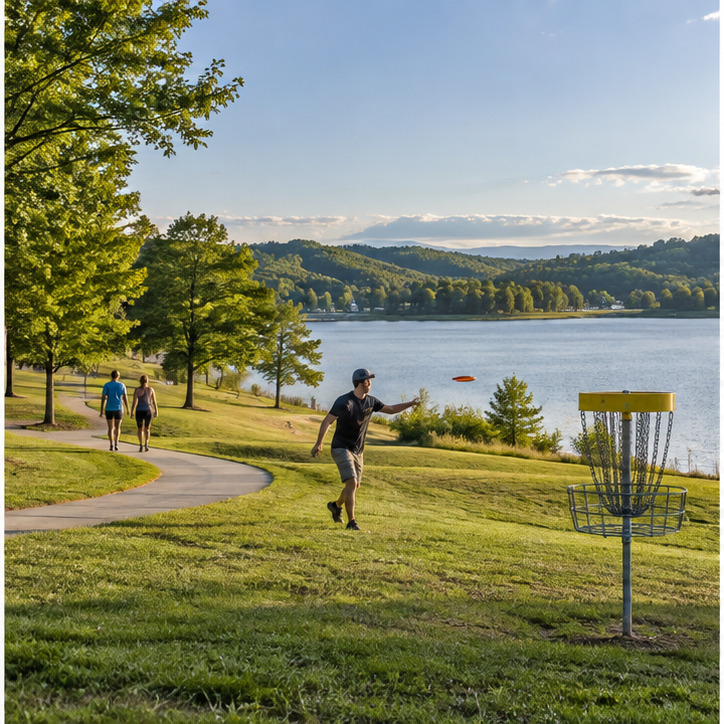 Disc golf and a walking path beside the lake