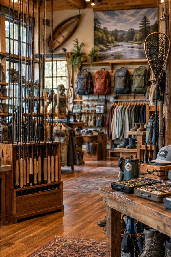 Fishing rods, outdoor gear and apparel inside Hellbender Outfitters