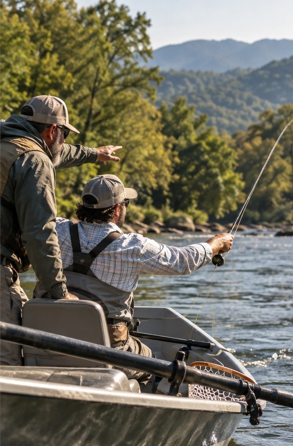 A fishing guide and angler casting from a boat on wooded mountain water