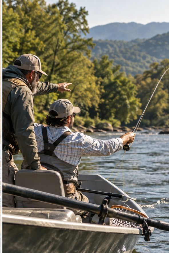 A guide pointing beside a fly fisher casting from a boat on the Watauga River