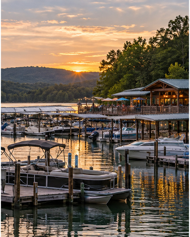 Boone Lake marina and boats at sunset