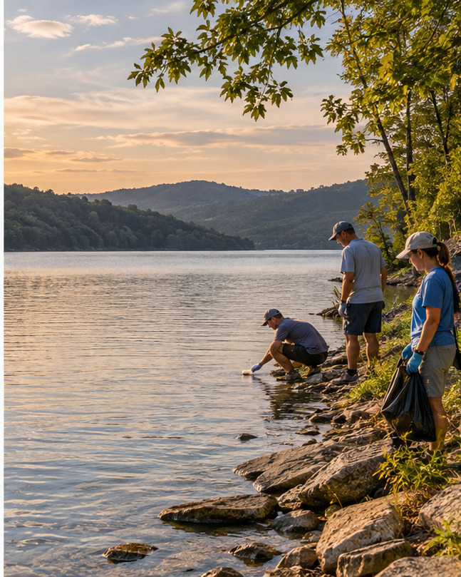 People collecting litter along a wooded lakeshore at sunset