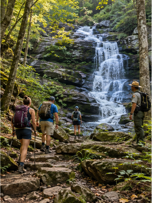 Hikers on a rocky trail beside a forest waterfall