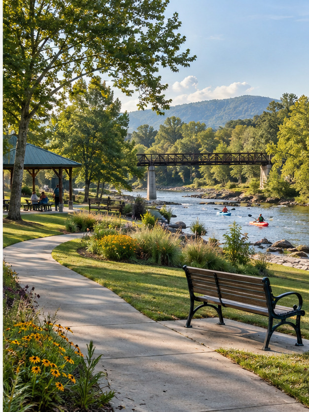 A riverside park with a walking path, picnic shelter and kayakers near a bridge