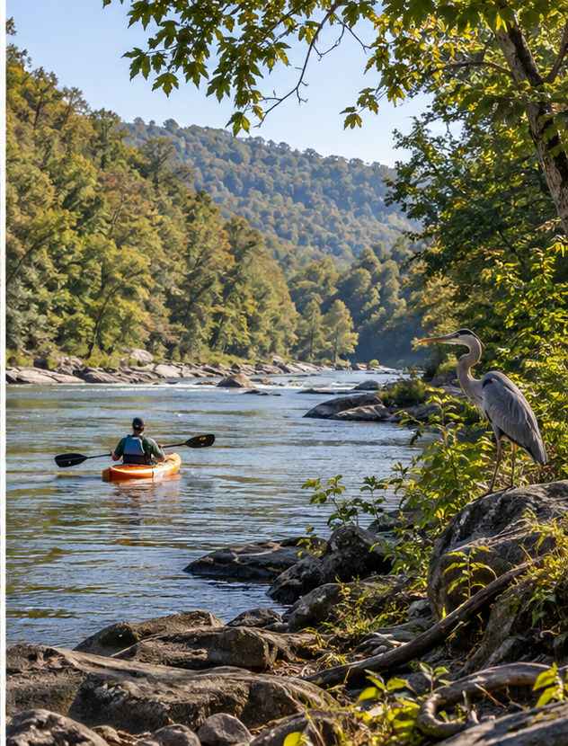 A kayaker on the Nolichucky River beside a heron and forested mountains