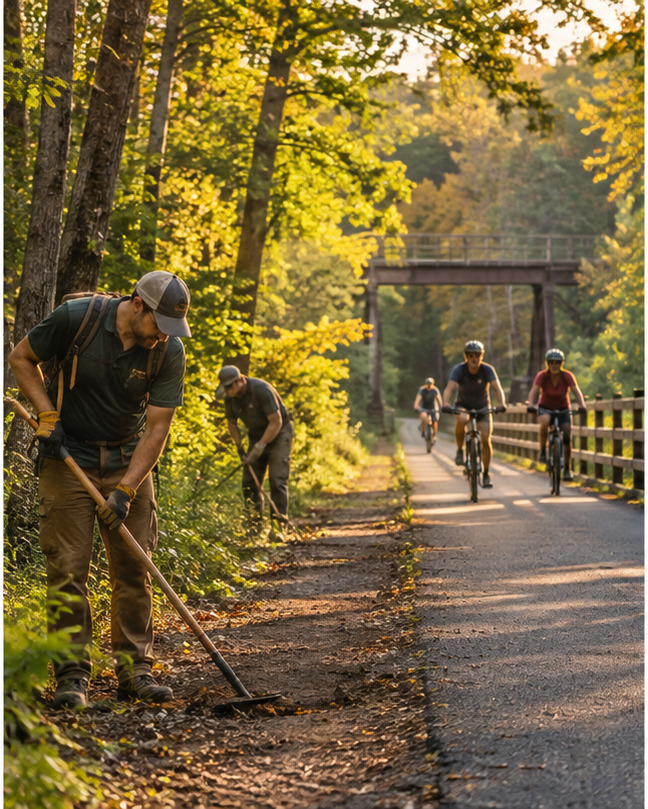 Cyclists and trail volunteers along a wooded bike trail