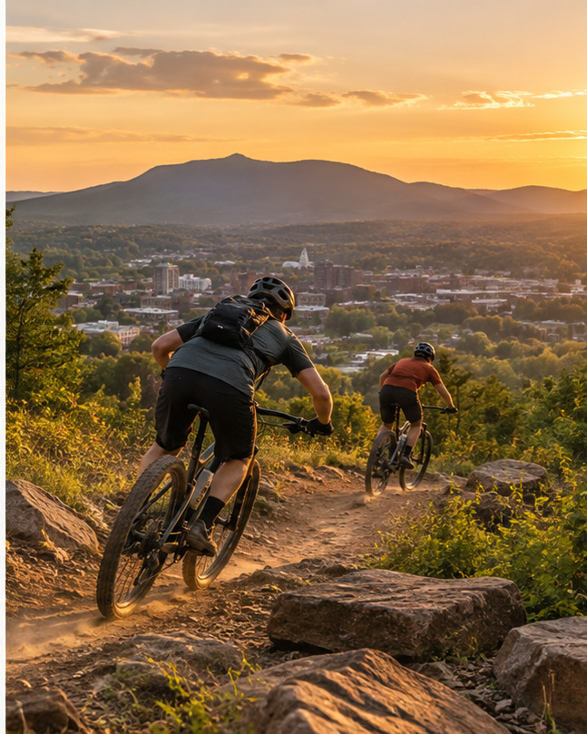 Two mountain bikers descending a trail above the city at sunset